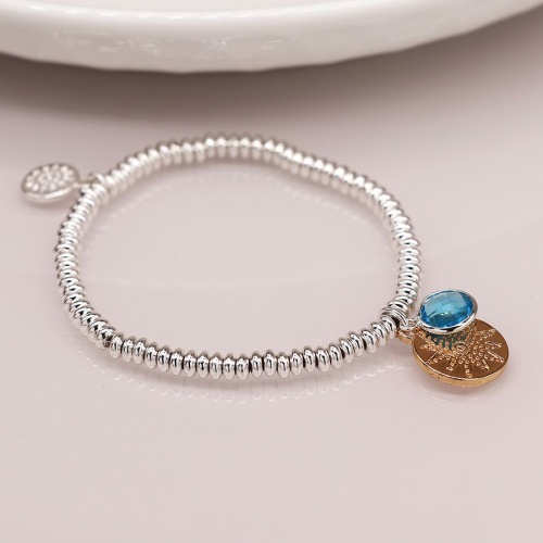 Silver Plated Bead Bracelet with Golden Disc & Blue Crystal by Peace of Mind